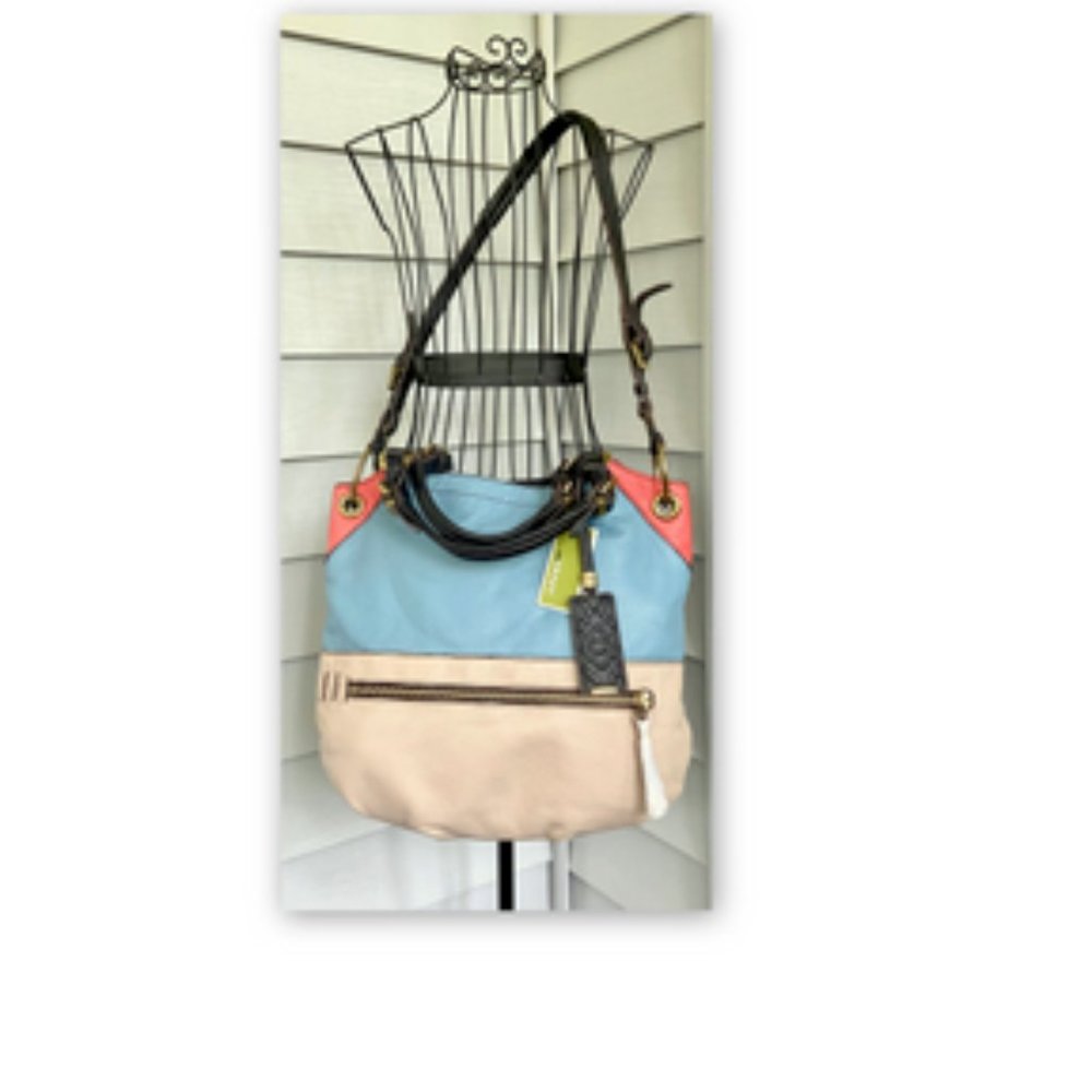 New orYANY Pebbled Leather Hobo Bag ~ Light Blue, Beige & Coral w  Gold Hardware